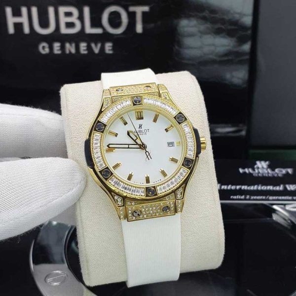 ساعت هابلوت زنانه فول نگین سفید طلایی Hublot Diamonds Golden White