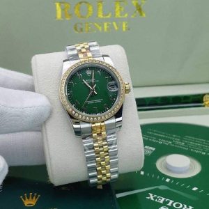 ساعت زنانه رولکس سایز مدیوم نگین مخراج شده عدد عربی سبز Rolex