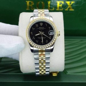 ساعت زنانه رولکس سایز مدیوم نگین مخراج شده عدد عربی مشکی Rolex