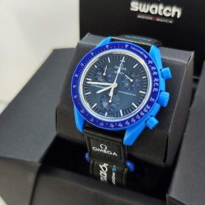 ساعت امگا سواچ بند برزنتی سورمه ای آبی Omega