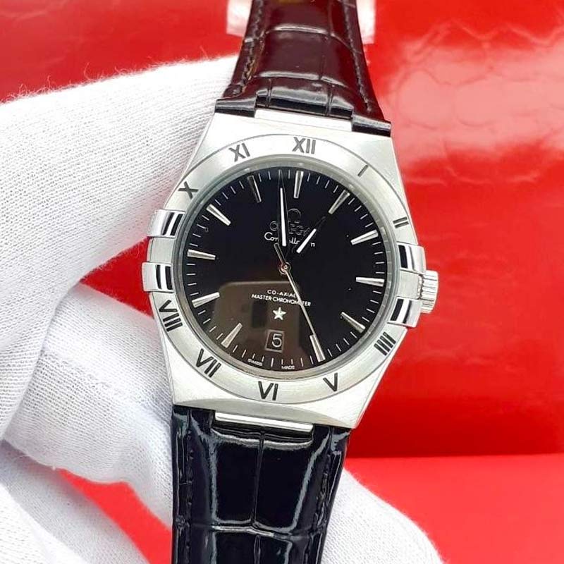 ساعت مردانه امگا بند چرمی مشکی سیلور Omega