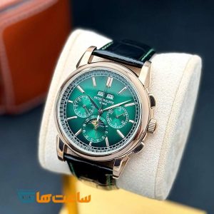 ساعت مچی پتک فیلیپ بند چرم رزگلد یشمی Patek Philippe Perpetual Calendar