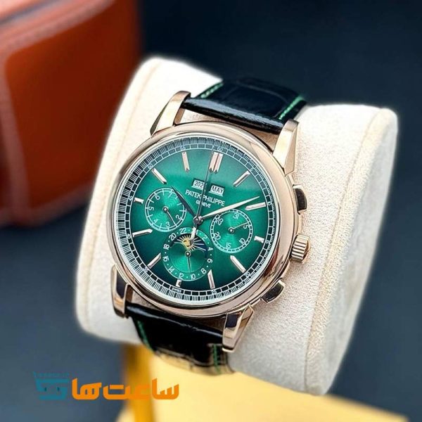 ساعت مچی پتک فیلیپ بند چرم رزگلد یشمی Patek Philippe Perpetual Calendar