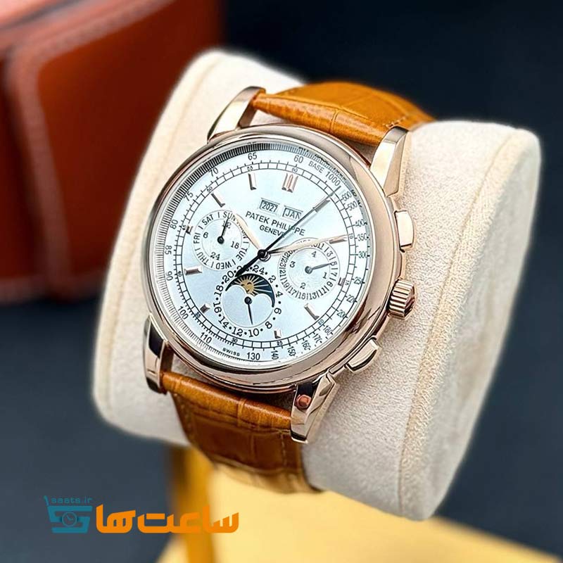 ساعت مچی پتک فیلیپ بند چرم رزگلد خردلی سفید Patek Philippe Perpetual Calendar