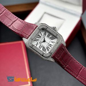 ساعت مچی مردانه کارتیر زرشکی نگین دار Cartier Santos Diamonds