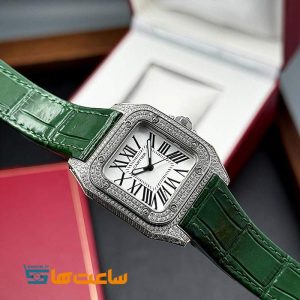 ساعت مچی مردانه کارتیر سبز نگین دار Cartier Santos Diamonds