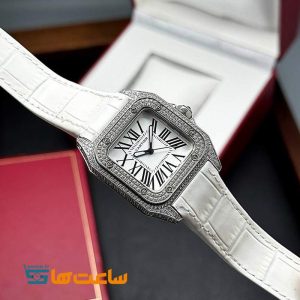 ساعت مچی مردانه کارتیر سفید نگین دار Cartier Santos Diamonds