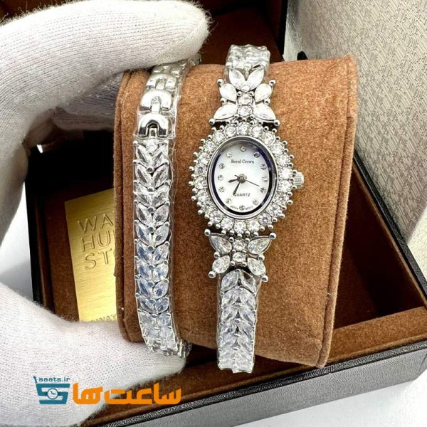 ساعت رویال کرون بند نقره ای دستبند دو دور سیلور سفید ROYAL CROWN