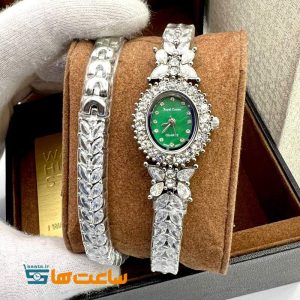 ساعت رویال کرون بند نقره ای دستبند دو دور نقره ای سبز ROYAL CROWN