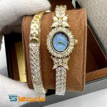 ساعت رویال کرون بند نقره ای دستبند دو دور گلد آبی ROYAL CROWN