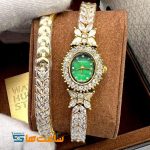 ساعت رویال کرون بند نقره ای دستبند دو دور گلد سبز ROYAL CROWN