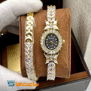 ساعت رویال کرون بند نقره ای دستبند دو دور گلد مشکی ROYAL CROWN